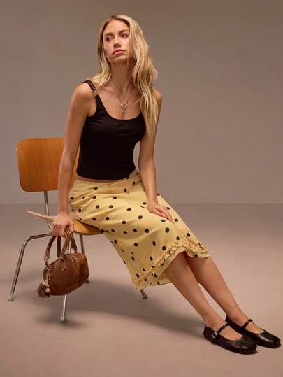 Muvela Vintage Yellow Polka Dot Elastic Waist Ruffle Hem Mesh Fabric A-Line Skirt, Retro Y2K Aesthetic For Casual, Office, Summer Holiday, Beach, Date, Party, Graduation, Back To School, Versatile & Fashionable