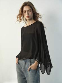 Maija Women's Loose Sheer Casual Crew Neck Blouse - Apricot - View 7