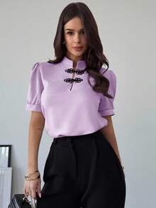 Firerie Women's Elegant Romantic Date Puff Sleeve Contrast Color Button-Up Shirt, Spring/Summer - Lilac Purple - View 7