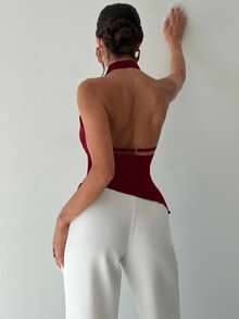 Firerie 女士新款优雅通勤衬衫，不对称领无袖露背吊带可调节纽扣装饰修身黑色办公衬衫，女士通勤衬衫，春夏服装，通勤，优雅，性感 - 酒紅色 - 查看 2