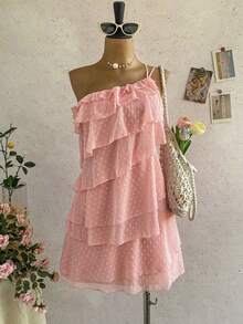 Soleia 女士浪漫度假优雅粉色纹理编织多层荷叶边吊带迷你连衣裙，休闲、约会、情人节、下午茶、海滩、邮轮、公路旅行、音乐节、派对、波西米亚风、嬉皮风、西部风、百搭、四季皆宜、日常通勤 - 粉色 - 查看 8