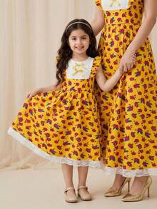 Young Girls Yellow Floral Dress With Blue Butterfly,Summer 7th Birthday Outfit,White Lace Patchwork Sleeveless Ruffle Hem Vintage Tea Party Sundress - Yellow - View 3