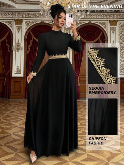 Rafferiza 女士黑色长款雪纺拼接金色蕾丝边长袖连衣裙