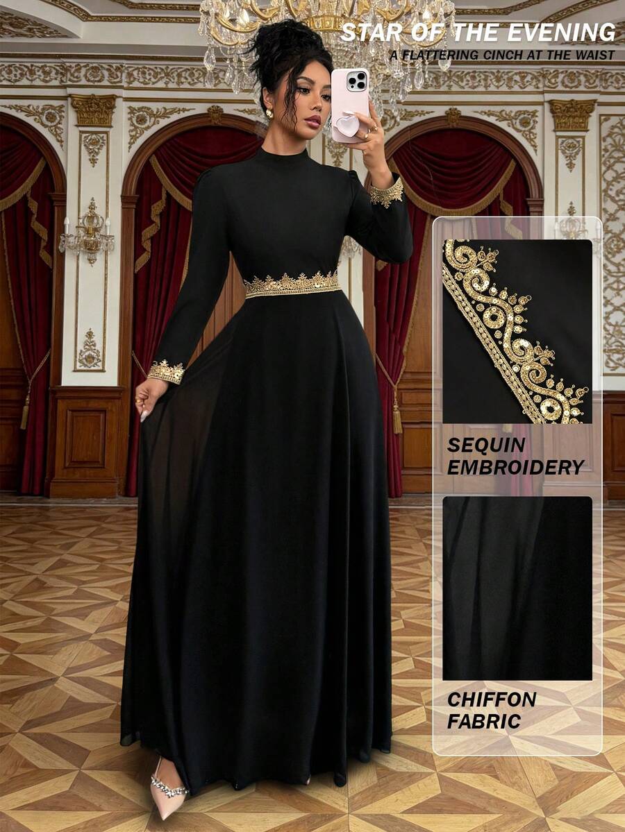 Rafferiza Women's Black Long Chiffon Patchwork Gold Lace Trim Long Sleeve Dress - Black - View 1