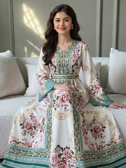 SHEIN Teen Girls' Green Casual Vacation Minimalist Comfortable V-Neck Pattern Waist Cinched Dress, Girls' Spring/Autumn Dress, Everyday Wear, Arabic Jalabiya Dress, Dignified Maxi Dress Arabic Dress Floral Dresses