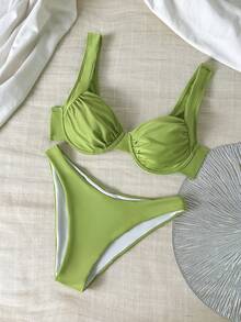 SHEIN Swim Chicsea 女士纯色褶皱泳衣上装，适合夏季度假和海滩穿着 - 綠色 - 查看 11