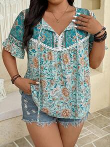 SHEIN LUNE Plus Size Floral Print Short Sleeve Casual Shirt - Green - View 6