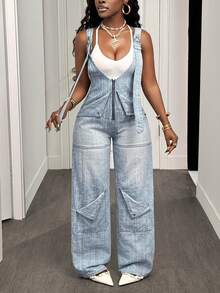 Slaydiva Women's Fashionable Washed Denim Bib Pants - Light Wash - View 3