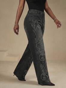 Slaydiva 夏季大码女装派对休闲夏季度假装扮，时尚休闲水钻水洗斜插口袋黑色牛仔裤 - 黑色 - 查看 5