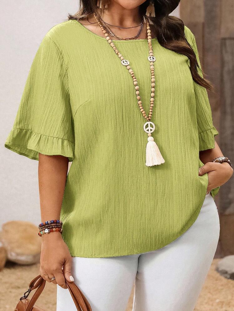 Große Größen Kurzarm einfache Mode Casual Alltag Urlaub Frühling Sommer Bluse, Westernmode, Frühling/Sommer Blusen für Damen in Große Größen, einfarbige Tops Bluse mit Rüschenärmeln Urlaub