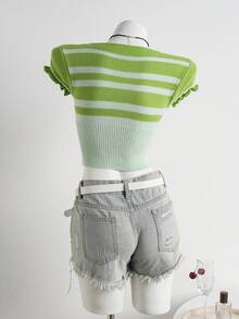 Elamini Women's Casual Striped Patchwork Button Front Knit Top, Summer - Green - View 2