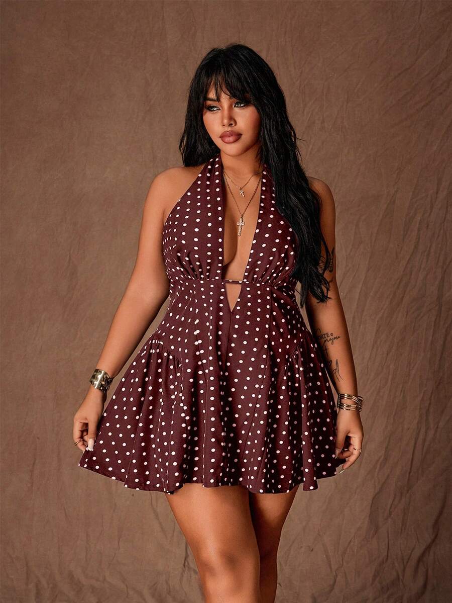 Rustia Vestido mini sexy de línea A con escote halter y lunares para mujer de talla grande - Marrón - Ver 1