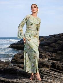 Veilorie 女士圆领喇叭袖收腰优雅阿拉伯风格连衣裙 - 綠色 - 查看 6