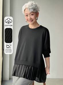 FRIFUL 女士纯色棉混纺圆领长袖T恤，下摆褶裥设计，宽松休闲 - 黑色 - 查看 10
