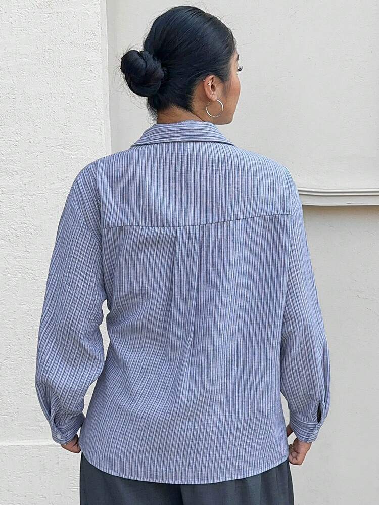 Dazy Plus 大码女式条纹长袖休闲/工作衬衫 - 藍色 - 查看 6