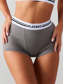 Missguided x Playboy Scoop Neck Bralette And Boxer Brief Set With Contrast Striped Band Athletic Inspired Loungewear Comfortable Everyday Intimates Two Piece Undergarment Collection - Grey - View 5
