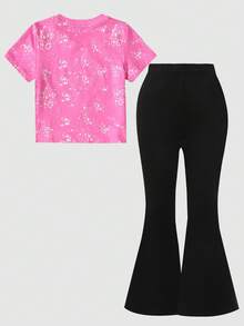SHEIN 2pcs/Set Girls' Casual KPOP Graphic Print Short Sleeve T-Shirt And Pants Set, Summer - Pink - View 2
