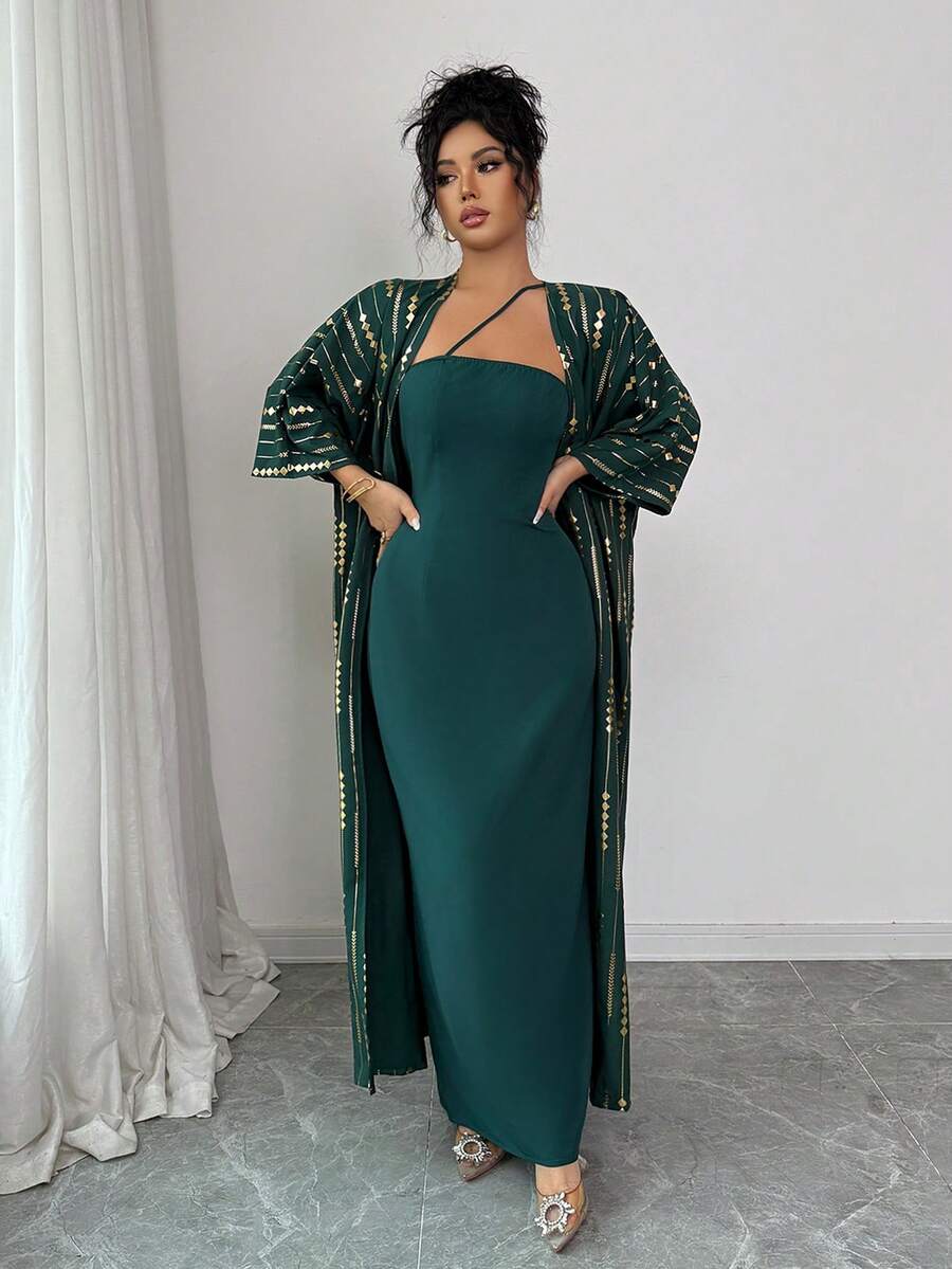 SHEIN Raffinéa Women's Spaghetti Strap Camisole And Women's Long Robe 2 Pieces Set - Dark Green - View 1