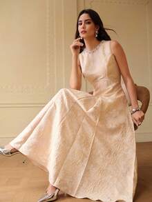 ZEYLAH Elegant Party Beaded Jacquard Dress, Spring/Summer - Apricot - View 7