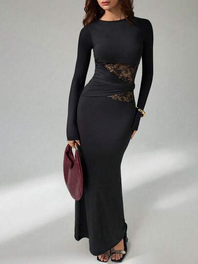 SHEIN Tall Women's Black Elegant Lace Stitching Sincere Long Dress,Elegant Women Dresses,Party Women Outfits,New Years Women Dress,Black Women Dresses,New Years Women Outfit,New Year Party Dress Summer Dresses For Women