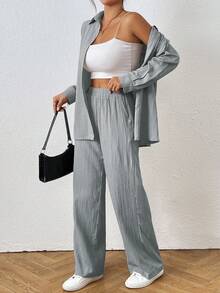 SHEIN PETITE Bộ đồ nữ thường ngày đa năng, màu trơn, gồm áo và quần, thích hợp mặc đi làm. - Màu Xám nhạt - Xem 4