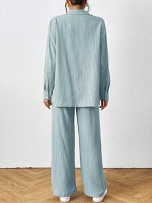 SHEIN PETITE 女士纯色长袖单排扣衬衫和裤子休闲两件套 - 薄荷綠 - 查看 2