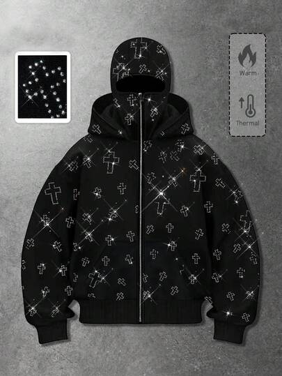 Street Life Felpa con cappuccio con zip e tasche, decorata con strass alla moda, per uomo, adatta per l'inverno