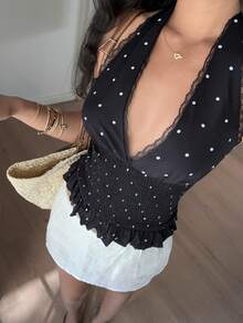 Sunnyshic 女士黑色波点蕾丝边吊带背心 - 黑色 - 查看 5