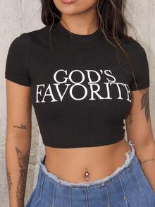 Women Simple Printed Crop Top Slim Fit T-Shirt GOD'S FAVORITE Graphic Tees Women Tops - Black - View 3