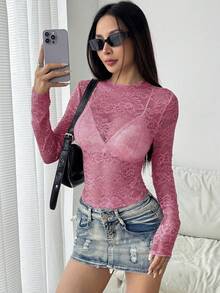 EgrlEra Áo cánh ren co giãn họa tiết hoa mẫu đơn gợi cảm cho nữ (Cắt ngẫu nhiên) - Hồng - Xem 5