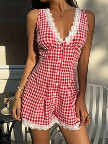 Sunnyshic 女士春夏印花深V领荷叶边腰部无袖连体裤 - 紅色 - 查看 6