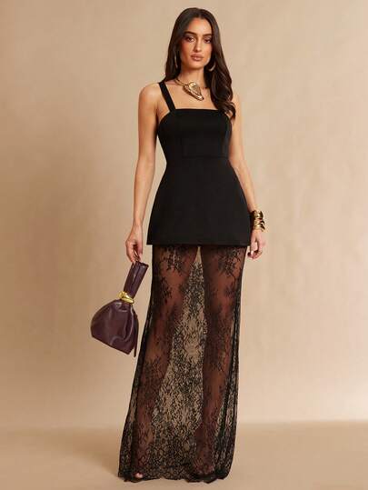 Silquee This Two-Piece Set Features A Black Fitted Camisole And A Lace-Trimmed Mini Skirt, Perfect For Valentine's Day, Vacations, Dates, Graduations, Concerts, Bridesmaid Dresses, Weddings, And Romantic Occasions. Its Minimalist Style Makes It Elegant For Everyday Wear. It Also Includes An Off-The-Shoulder Black Dress, A Camisole, And A Sheer Lace Skirt Set.