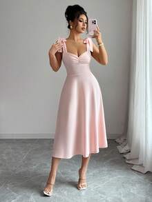 Elenzga 无袖系带收腰A字优雅浪漫连衣裙（女款） - 珊瑚粉 - 查看 3