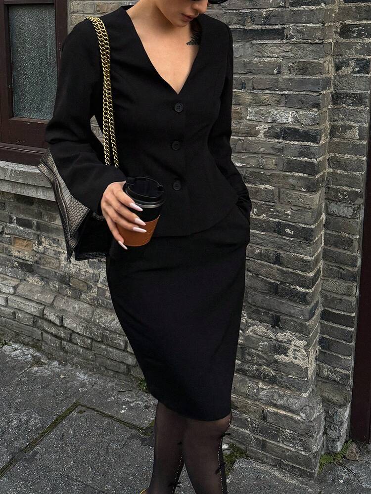 Women's Elegant Commuter Solid Color Jacket And Skirt 2 Pieces Set Summer