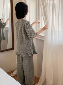 DAZY 少女格子短袖纽扣上衣和裤子睡衣套装 - 彩色 - 查看 3