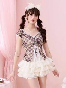 ROMWE Kawaii 可爱甜美格子网纱撞色蕾丝女式上衣 - 彩色 - 查看 5