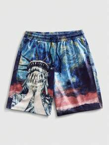 ROMWE MEN Men's Drawstring Waist Figure Print Casual Versatile Daily Wear Shorts - Blue - View 1