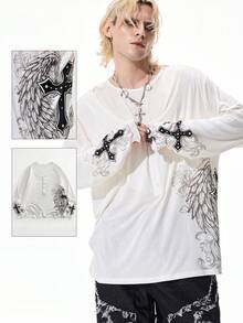 ROMWE MEN Goth 男士长袖T恤，印有翅膀和十字架图案 - 白色 - 查看 1