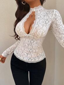 Sunnyshic Women's Black Lace Blouse, Elegant Sheer Hollow-Out Long Sleeve Fitted Casual Versatile Office Wear - White - View 1