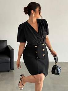 Firerie Đầm blazer nữ cỡ lớn, màu trơn, cổ chữ V xếp lớp, tay phồng ngắn, kiểu dáng thường ngày, cài hai hàng khuy. - màu đen - Xem 4