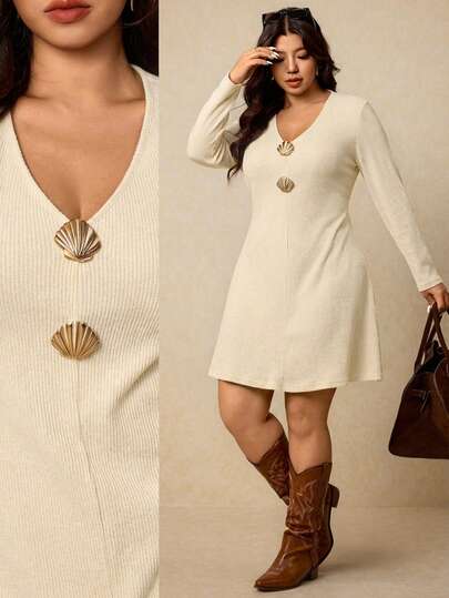 Elaquor 大码女式休闲度假风纯色V领金属贝壳装饰收腰连衣裙，春秋季