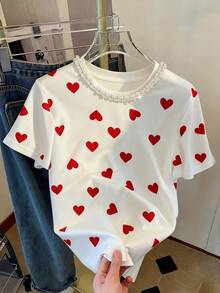 Franclia Áo thun nữ mùa hè in hình trái tim đính đá và dây chuyền, cổ tròn, tay ngắn, dễ thương, áo thun hình trái tim, cổ áo lấp lánh, dây chuyền ngọc trai, áo tay ngắn dễ thương, áo kiểu dễ thương - trắng - Xem 7