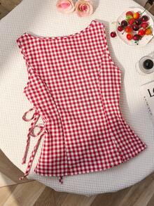 Sweetra Retro Plaid Round Neck Design Sense College Style Sexy Girl Sleeveless Shirt, Summer New Tie-Up Slim Fit Delicate Girly Sweet Blouse For Women - Red - View 7