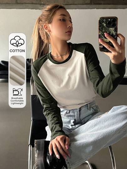 DAZY Colorblock Raglan Sleeve Tee Long Sleeve Women Tops