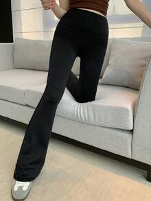 DAZY Women's Casual Solid Color High Waist Flare Leggings - Black - View 4