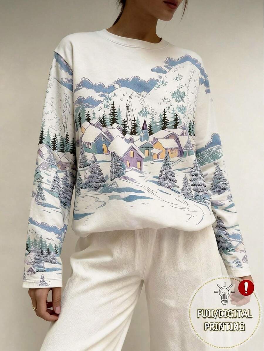 EMERY ROSE Women's Long Sleeve T-Shirt With Sketch Countryside Comfortable Pattern Print - Multicolor - View 1