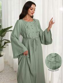 Lacomfia Women's Loose Elegant Ruffled Tie-Waist Green Linen Short Sleeve Dress - Green - View 3