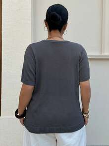 Dazy Plus Plus Size Casual Versatile Commute Solid Color Short Sleeve Knit Top - Dark Grey - View 2