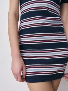 Nöista Striped Terry Towelling Fabric Polo Set, Short Sleeves, And A Buttoned Placket. Combine With Skirt. Spring, Summer, Woman. - Navy Blue - View 4