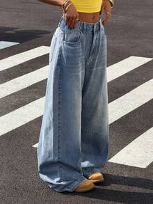 StreetHx 女士宽松休闲日常牛仔裤，带腰带环 - 藍色 - 查看 8